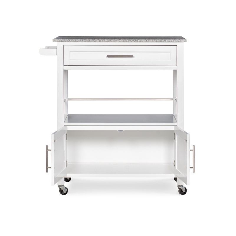 Pemberly Row Transitional Wood Kitchen Cart with Granite Top in White