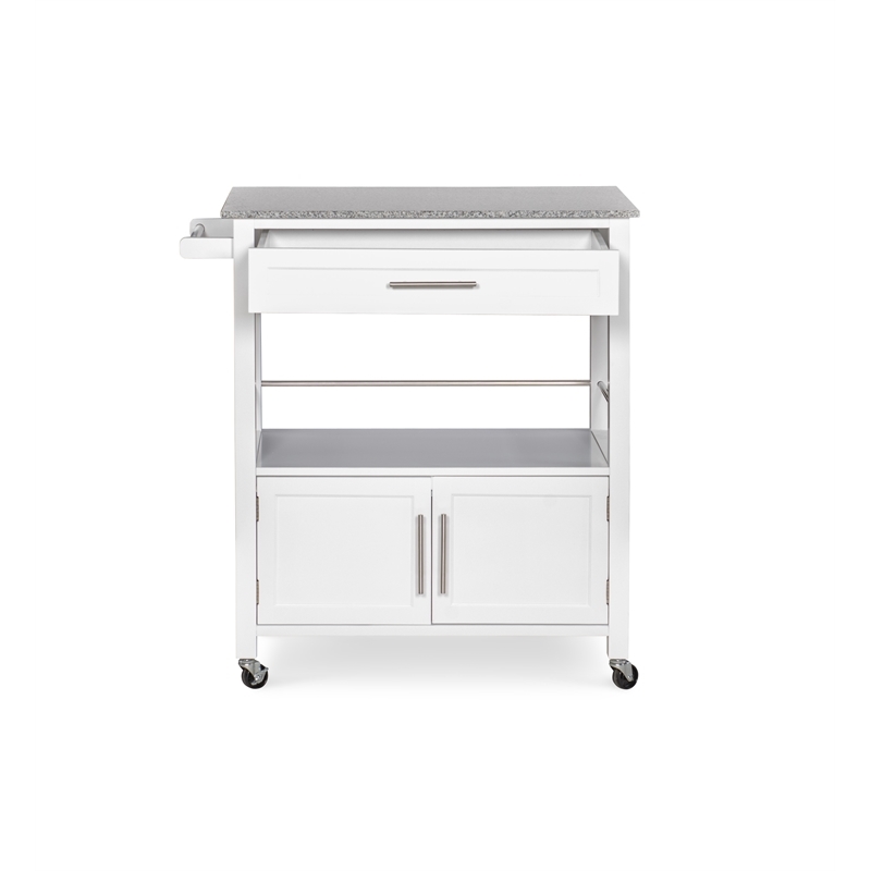 Pemberly Row Transitional Wood Kitchen Cart with Granite Top in White