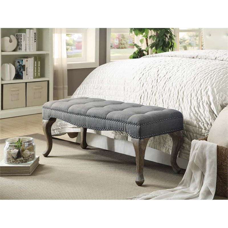 Pemberly Row Cabriolet Linen Nailhead Bedroom Bench In Washed Gray