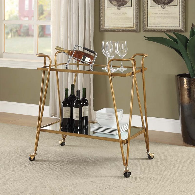 Pemberly Row Mid-Century Mirrored Bar Cart in Gold