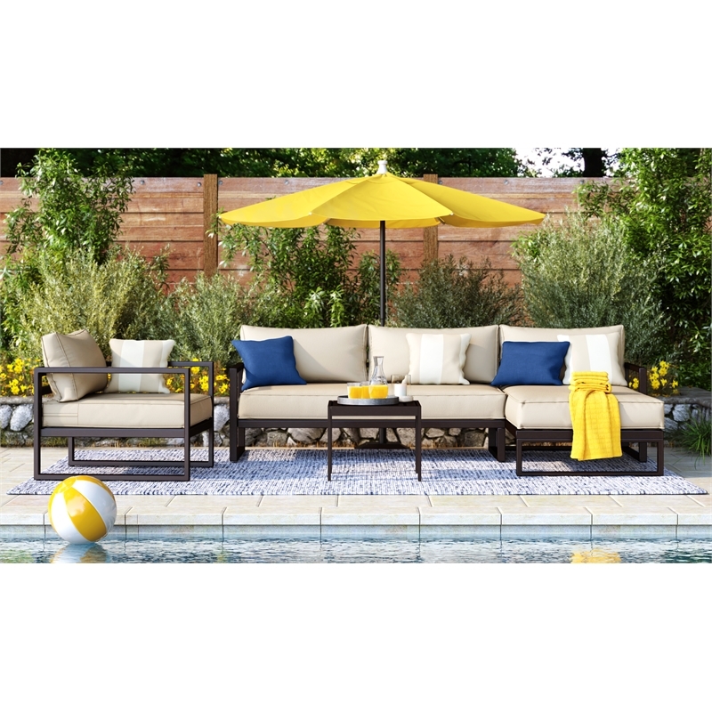 Pemberly Row Olefin Fabric/Metal Aluminum Outdoor Sectional in Beige/Bronze