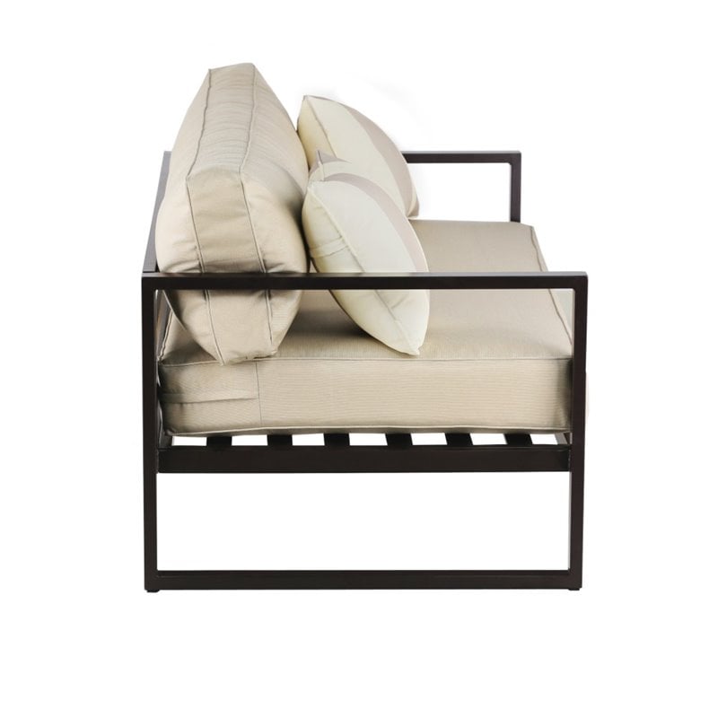 Pemberly Row Metal Aluminum/Fabric Outdoor Arm Chair in Bronze/Beige