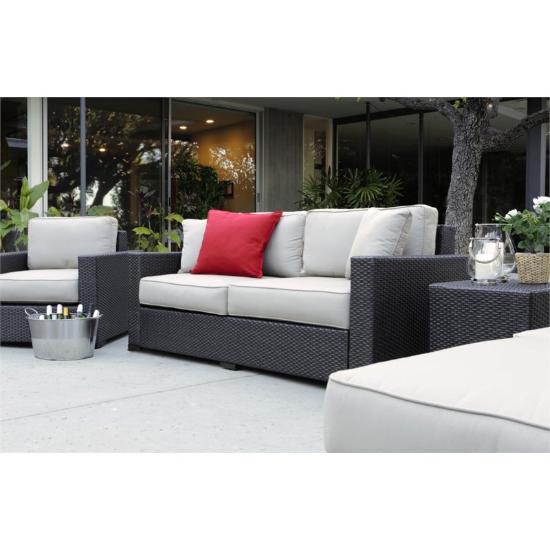 Pemberly Row Wicker Patio Sofa with Cushions in Brown