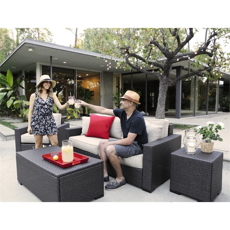 Pemberly Row Wicker Patio Sofa with Cushions in Brown