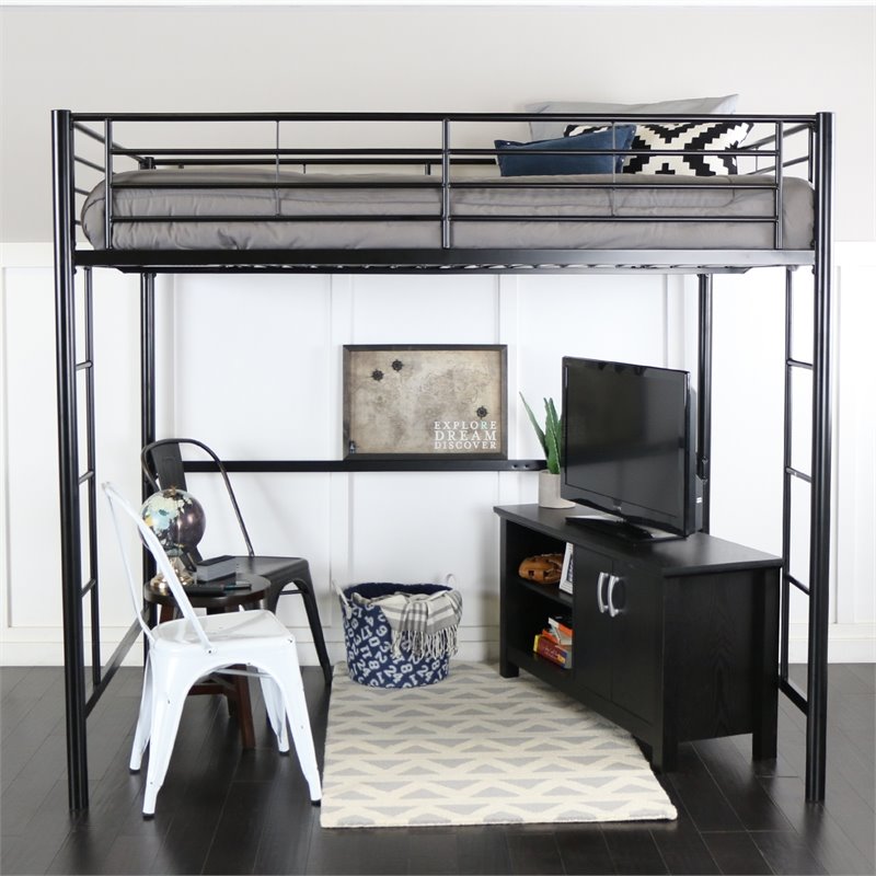 Pemberly Row Modern Steel Metal Full over Loft Bunk Bed in Black