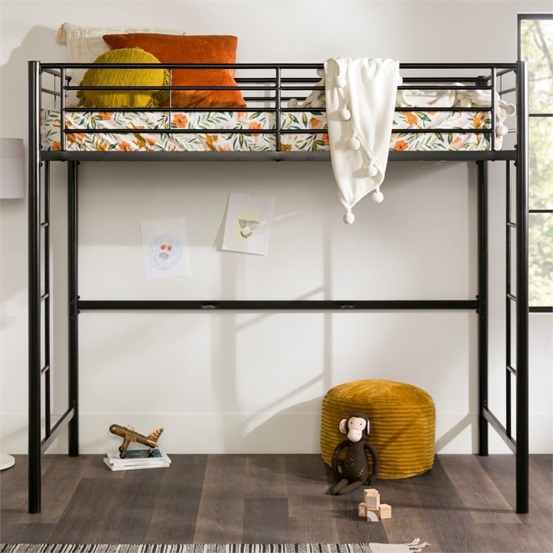 Pemberly Row Modern Steel Metal Twin Size Loft Bunk Bed in Black