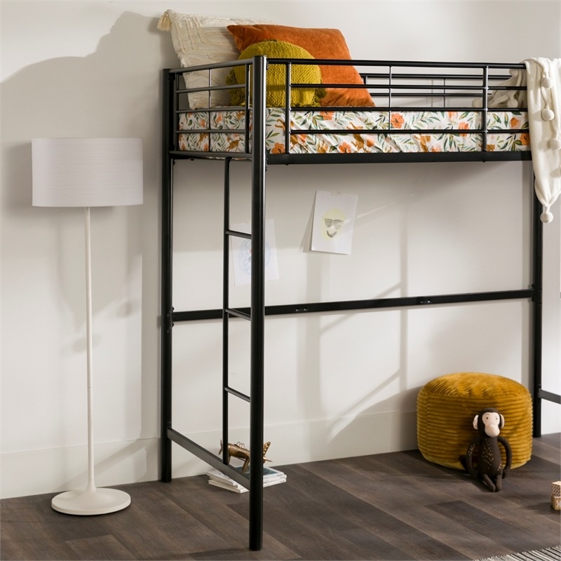 Pemberly Row Modern Steel Metal Twin Size Loft Bunk Bed in Black