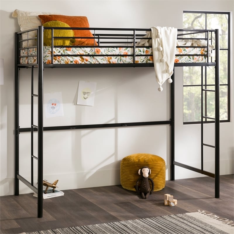 Pemberly Row Modern Steel Metal Twin Size Loft Bunk Bed in Black