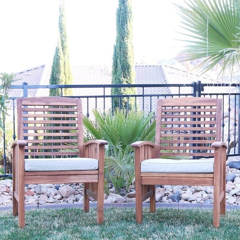 Pemberly Row Wood Patio Chair in Brown with Cushion (Set of 2)