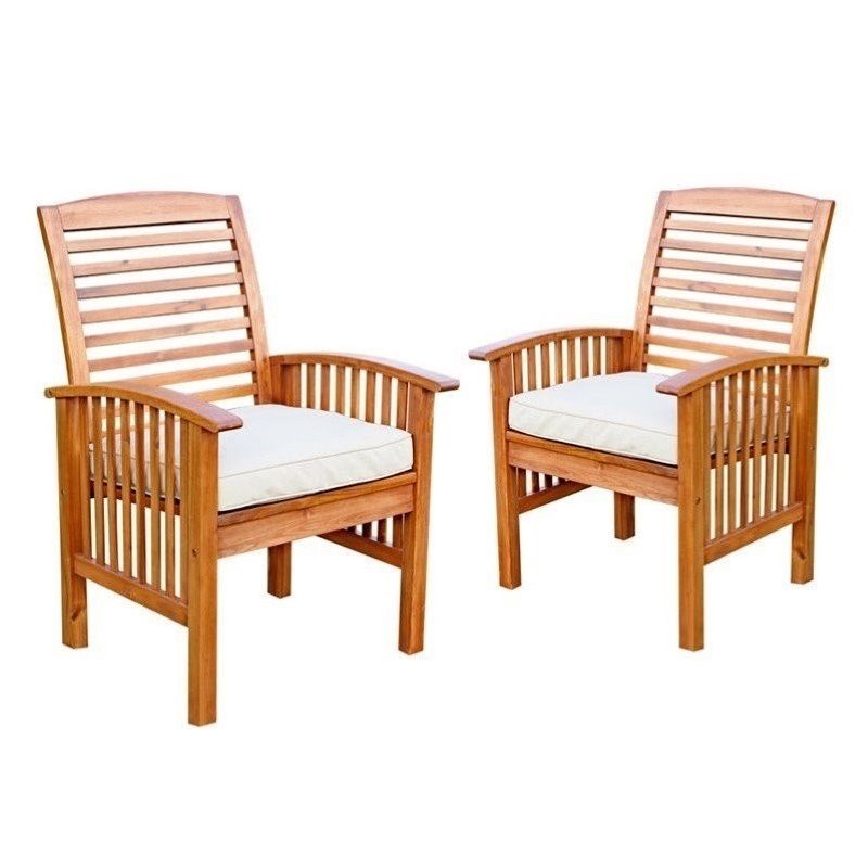 Pemberly Row Wood Patio Chair in Brown with Cushion (Set of 2)