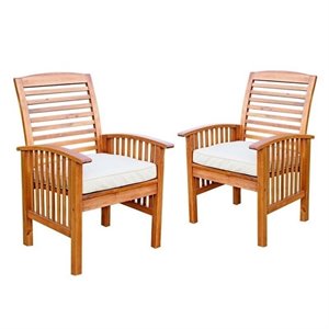 Pemberly Row Wood Patio Chair in Brown with Cushion (Set of 2)