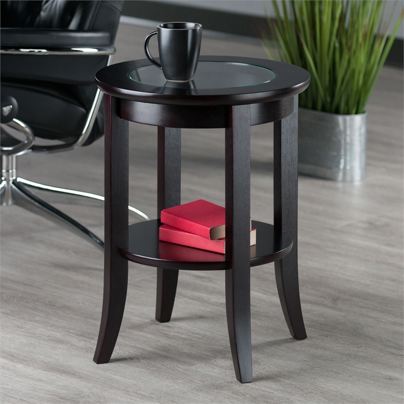 Pemberly Row Transitional Solid Wood End Table with Glass Top in Espresso