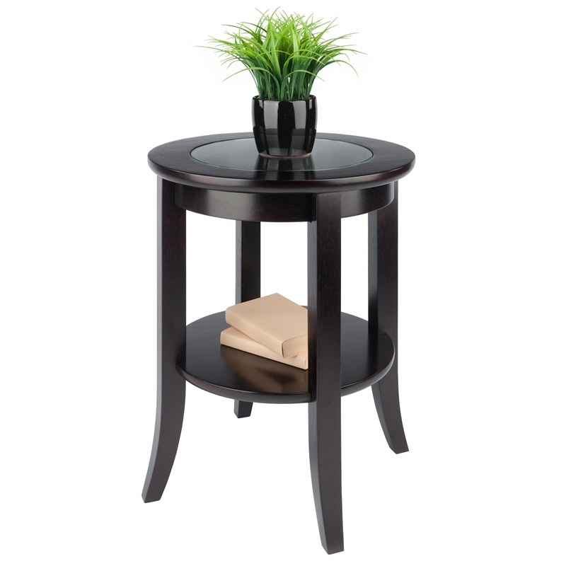 Pemberly Row Transitional Solid Wood End Table with Glass Top in Espresso