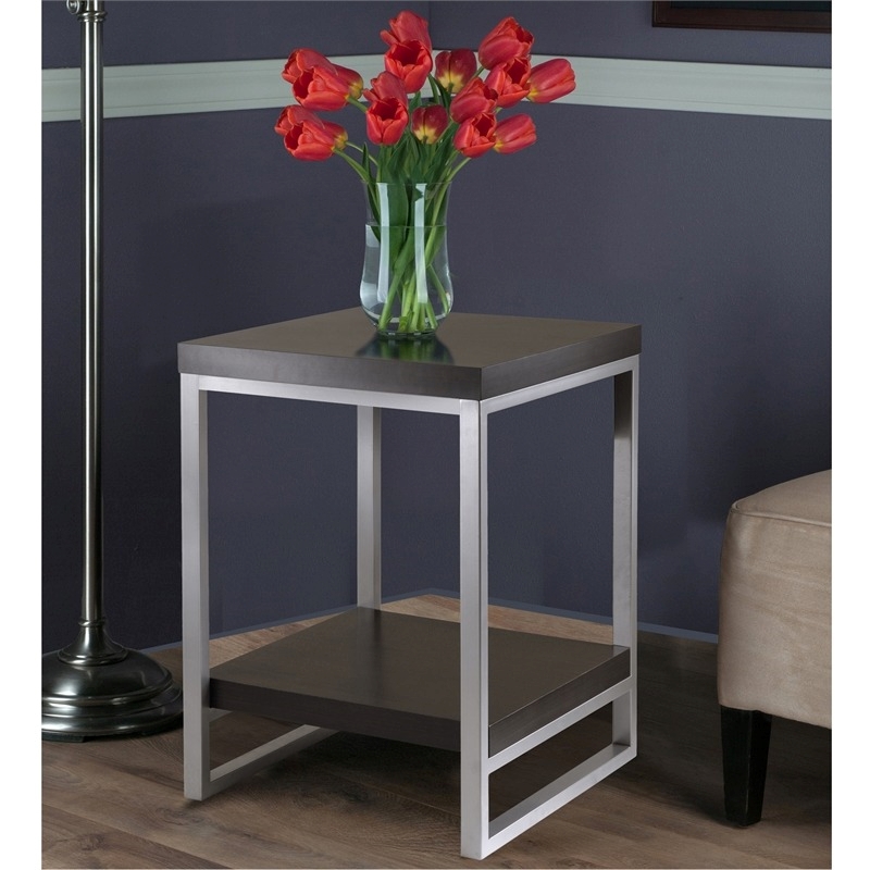 Pemberly Row Contemporary Wood End Table with Enamel Tube in Dark Espresso
