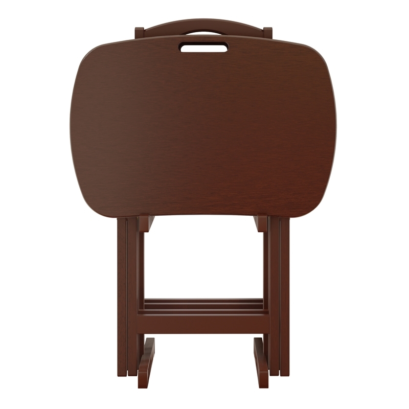 Pemberly Row 5-Piece Transitional Solid Wood Snack Table Set in Walnut