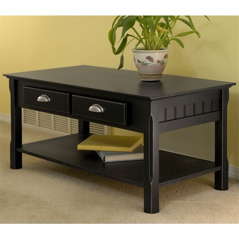 Pemberly Row 2-Drawer Transitional Solid Wood Coffee Table in Black