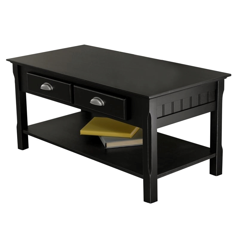 Pemberly Row 2-Drawer Transitional Solid Wood Coffee Table in Black
