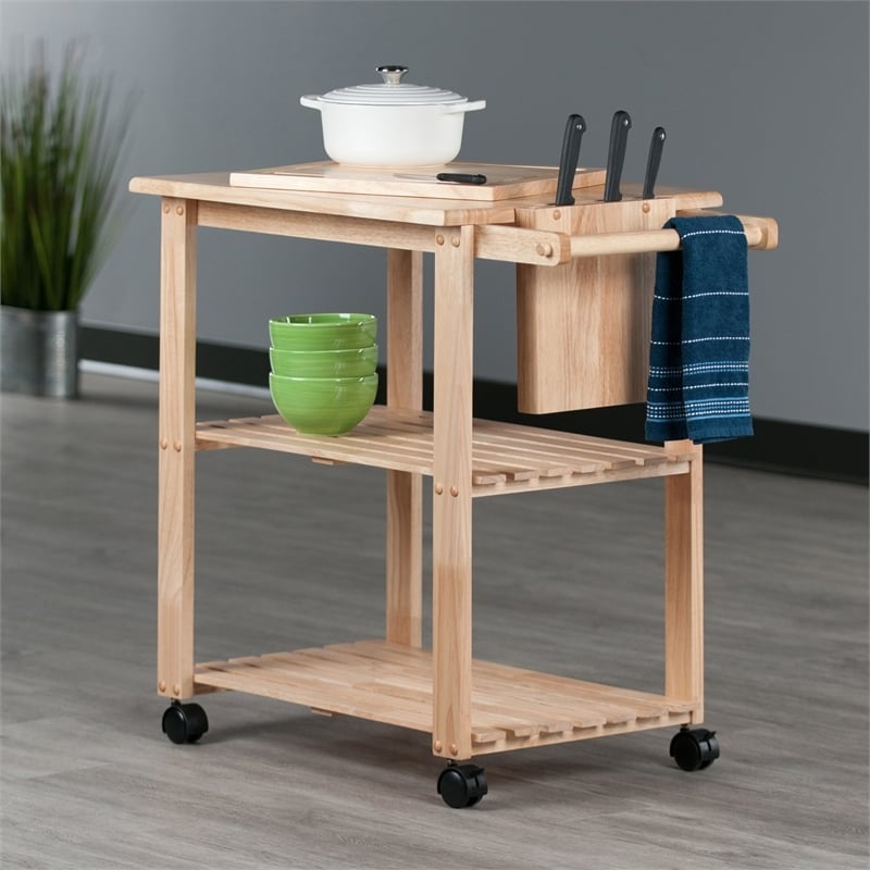 Pemberly Row Solid Wood Utility Butcher Block Kitchen Cart in Natural