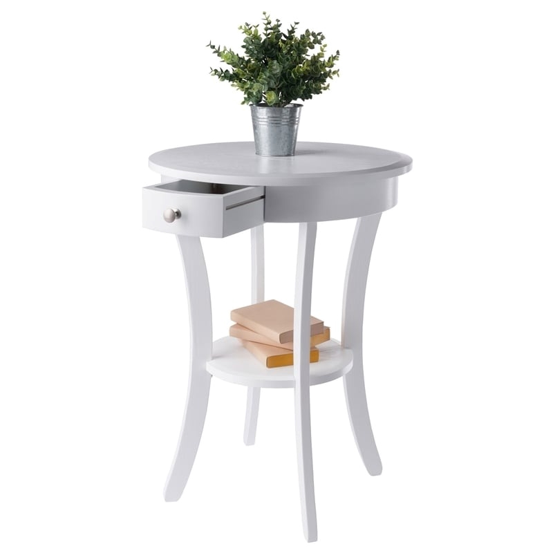Pemberly Row Round Solid Wood Accent Table with Drawer Curved Legs in White