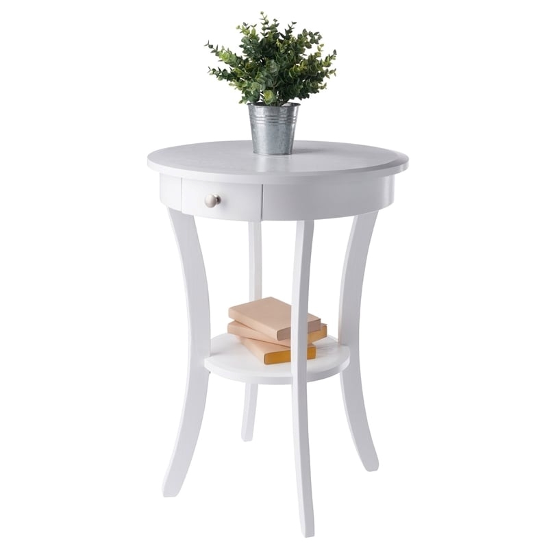 Pemberly Row Round Solid Wood Accent Table with Drawer Curved Legs in White