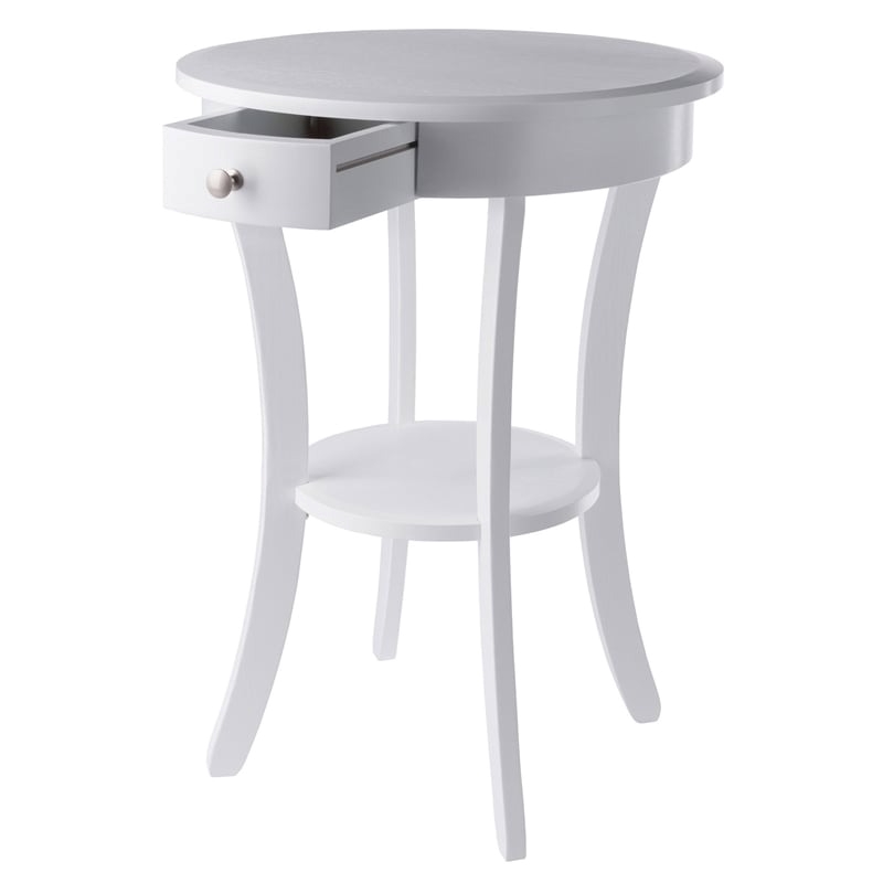 Pemberly Row Round Solid Wood Accent Table with Drawer Curved Legs in White