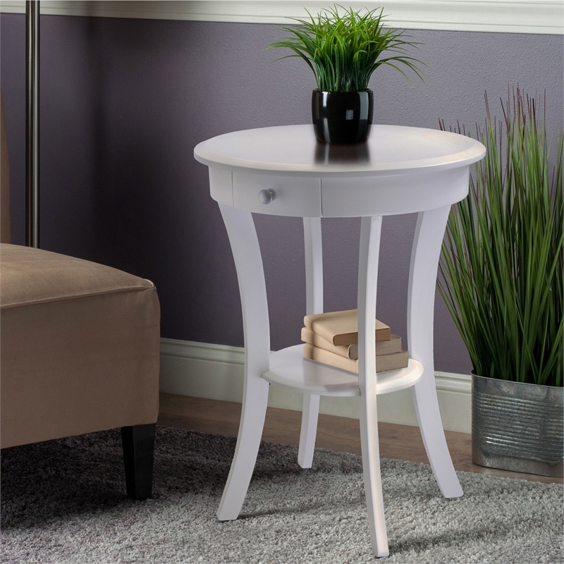 Pemberly Row Round Solid Wood Accent Table with Drawer Curved Legs in White