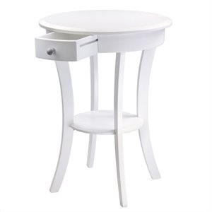 Pemberly Row Round Solid Wood Accent Table with Drawer Curved Legs in White
