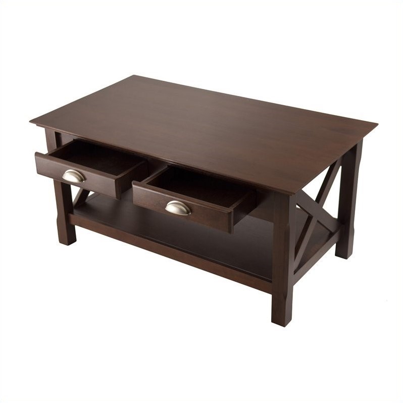 Pemberly Row Contemporary Solid Wood Coffee Table with 2 Drawers in Cappuccino