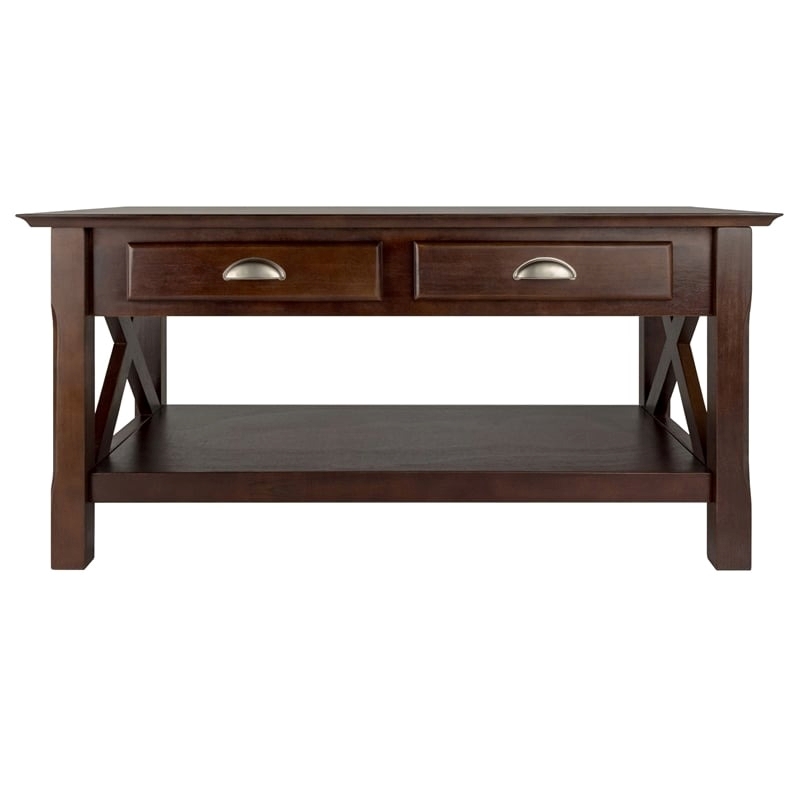 Pemberly Row Contemporary Solid Wood Coffee Table with 2 Drawers in Cappuccino