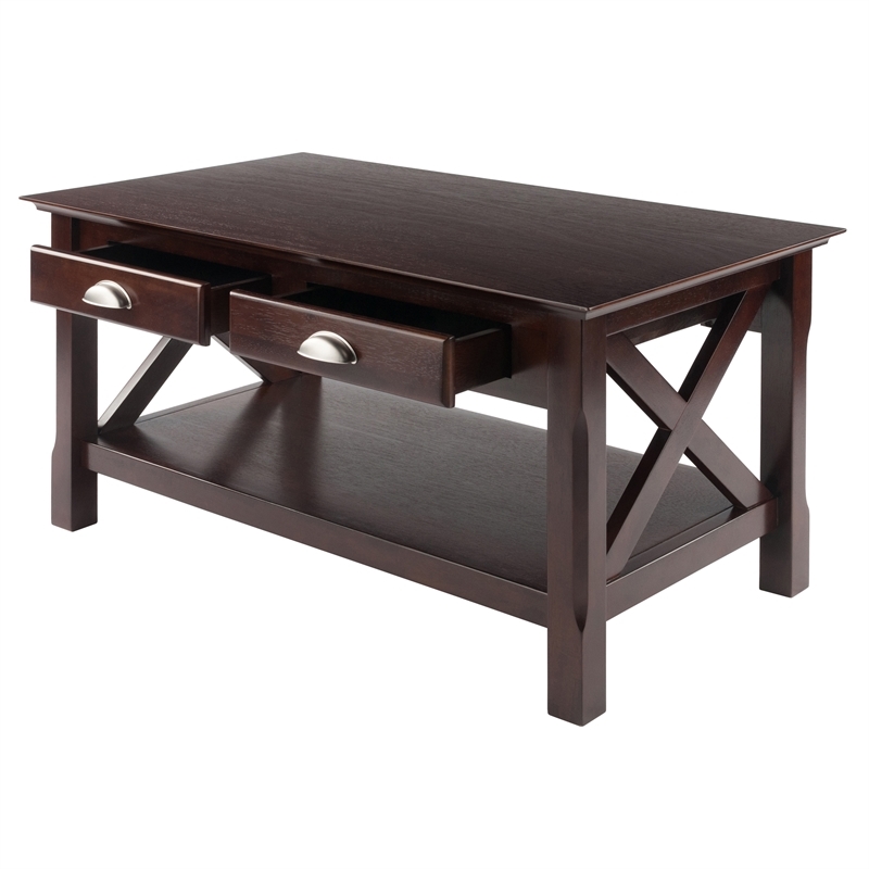 Pemberly Row Contemporary Solid Wood Coffee Table with 2 Drawers in Cappuccino
