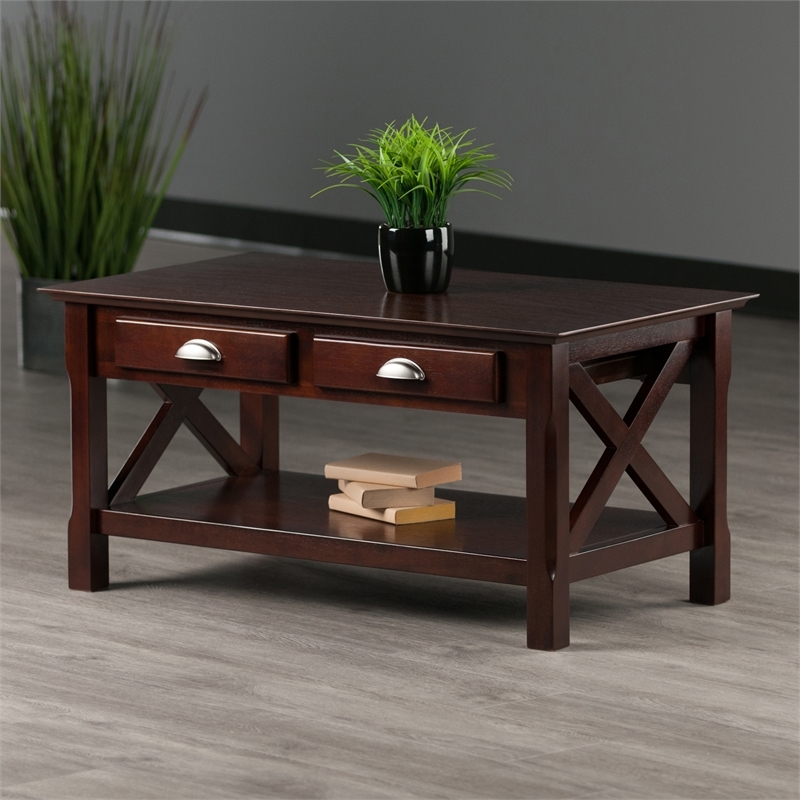 Pemberly Row Contemporary Solid Wood Coffee Table with 2 Drawers in Cappuccino