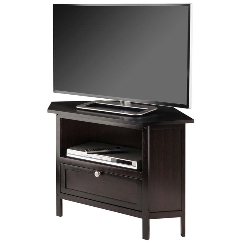 Pemberly Row Transitional Solid Wood Corner TV Stand in Espresso