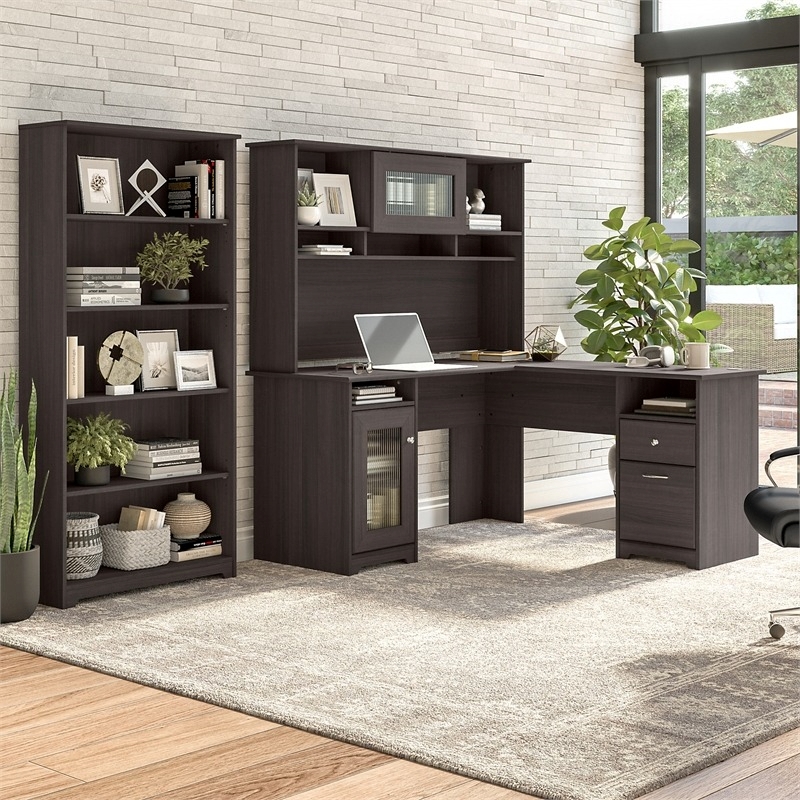 Pemberly Row Traditional Wood L-Shaped Desk w/Hutch & Bookcase in Heather Gray