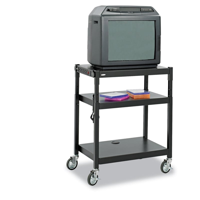 Pemberly Row Black Steel Adjustable Height Mobile Media Cart in Black