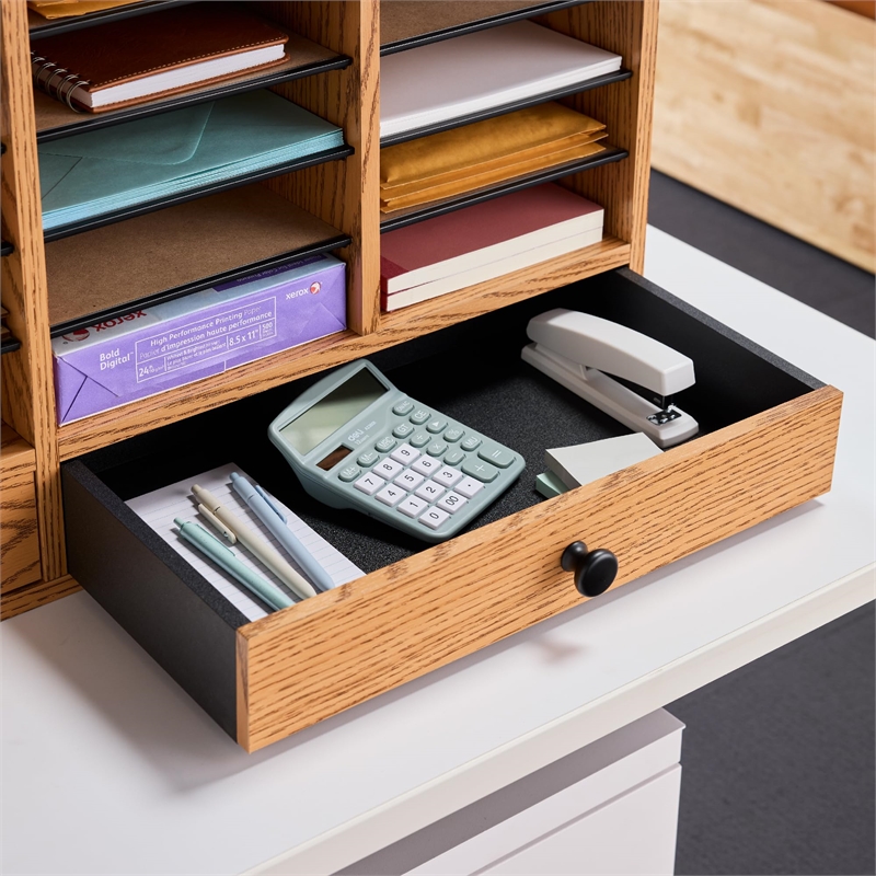 Pemberly Row Medium Oak Wood Adjustable 32 Compartment File Organizer