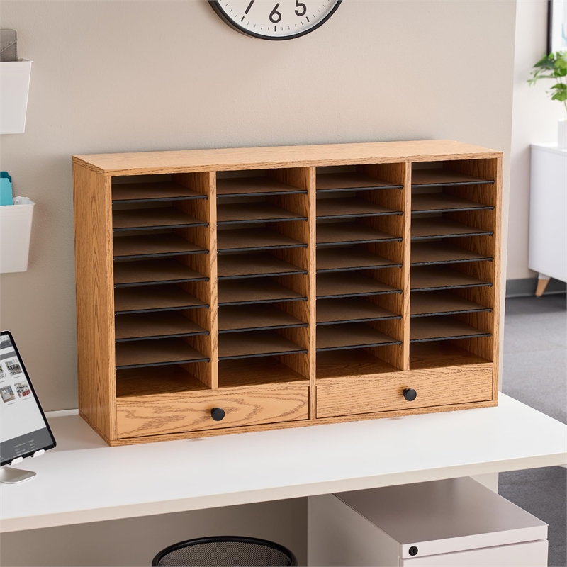 Pemberly Row Medium Oak Wood Adjustable 32 Compartment File Organizer
