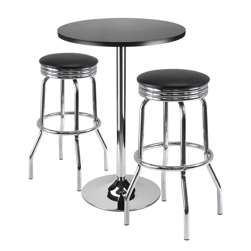 Pemberly Row 3-Piece Transitional Metal Wood/Metal Pub Set in Black/Chrome
