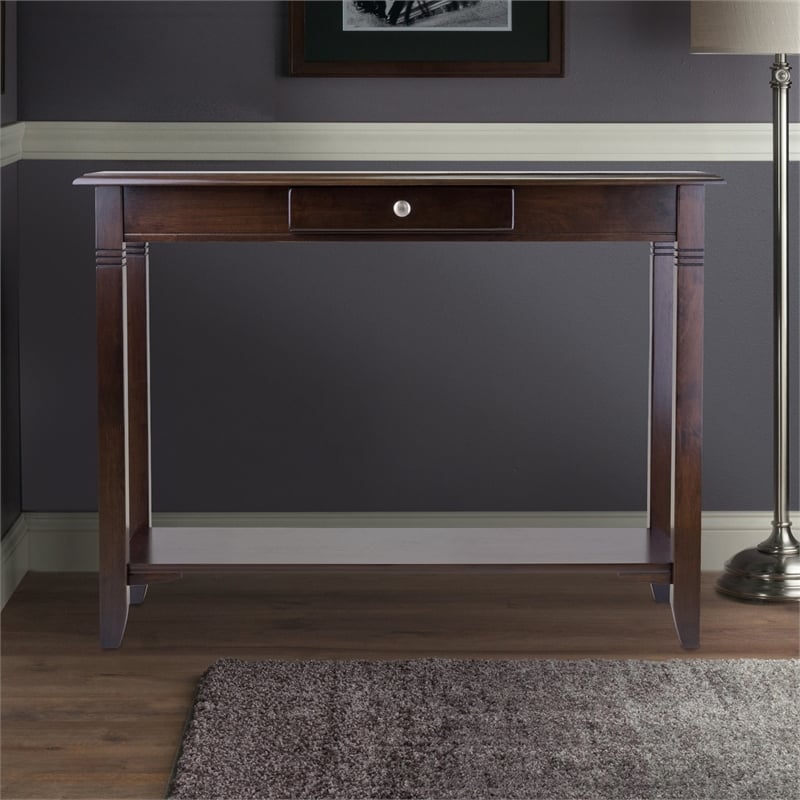 Pemberly Row Transitional Solid Wood Console Table with Drawer in Cappuccino