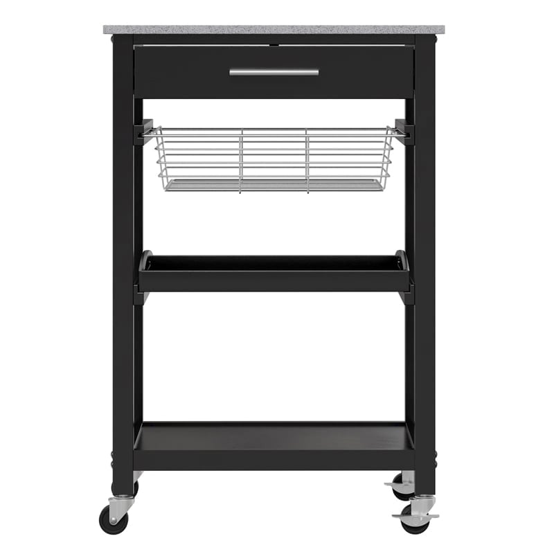 Pemberly Row Transitional Solid Wood Utility Kitchen Cart in Black