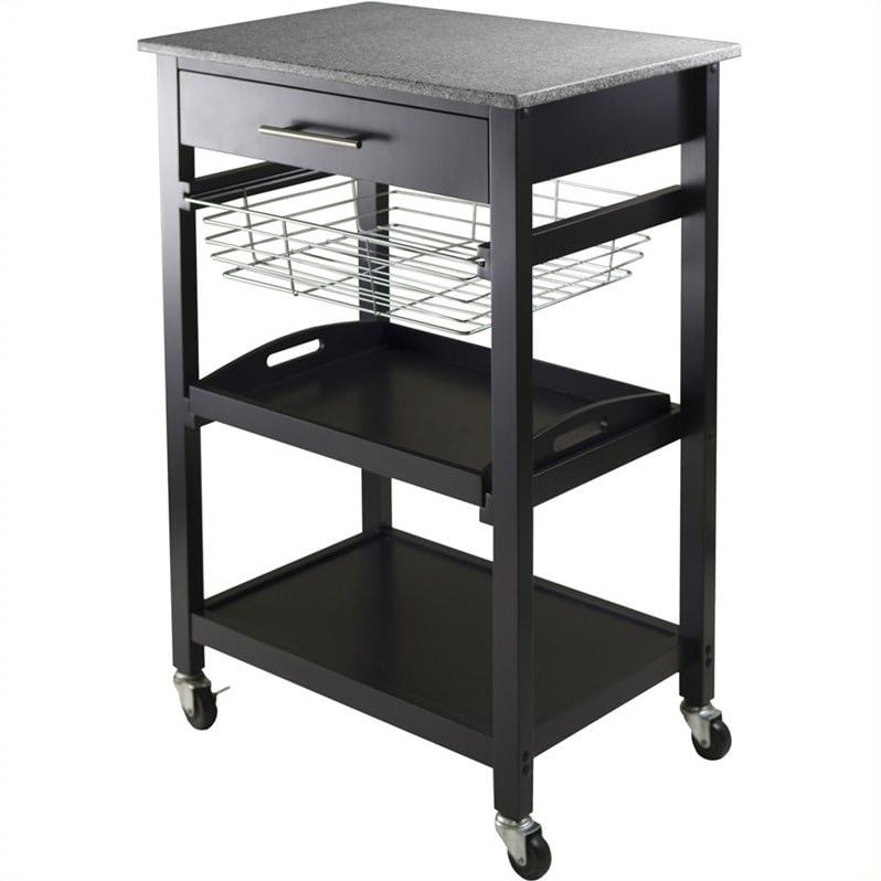 Pemberly Row Transitional Solid Wood Utility Kitchen Cart in Black