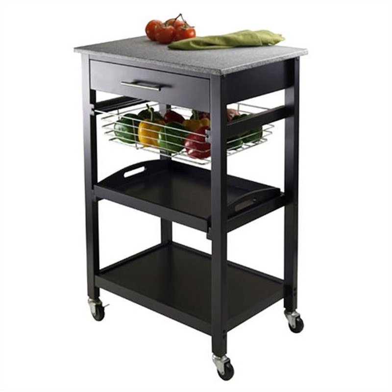 Pemberly Row Transitional Solid Wood Utility Kitchen Cart in Black
