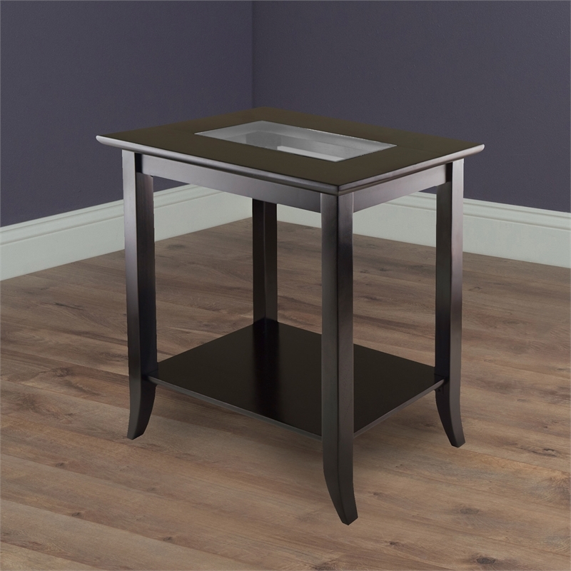 Pemberly Row Rectangular Solid Wood End Table with Glass Top in Dark Espresso