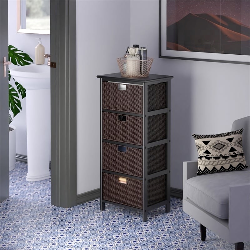 Pemberly Row Solid Wood Storage Rack w/ 4 Foldable Baskets in Black/Chocolate