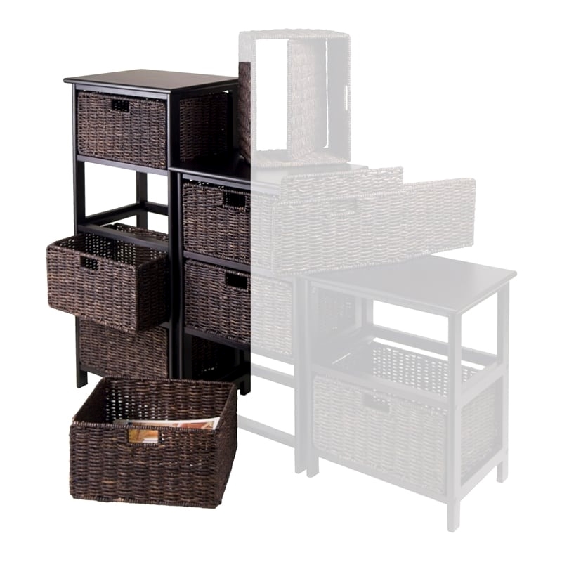 Pemberly Row Solid Wood Storage Rack w/ 4 Foldable Baskets in Black/Chocolate