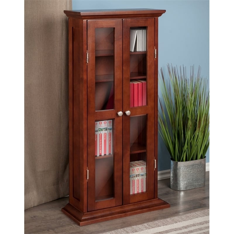 Pemberly Row Solid Wood CD & DVD Media Storage Cabinet in Antique Walnut