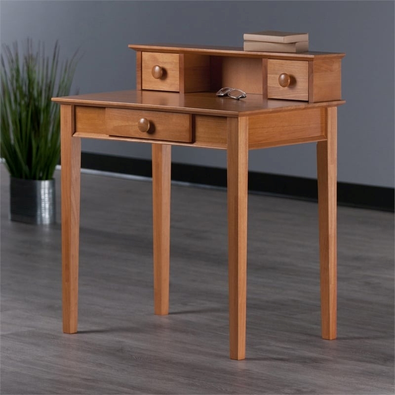 Pemberly Row Transitional Solid Wood Writing Desk with Hutch in Honey Brown