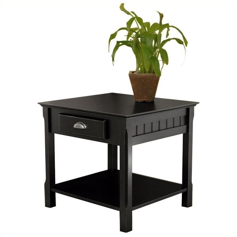 Pemberly Row 1-Drawer Solid Wood End Table with Shelf in Black