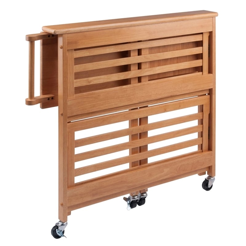 Pemberly Row Foldable Solid Wood Kitchen Cart with Casters in Light Oak