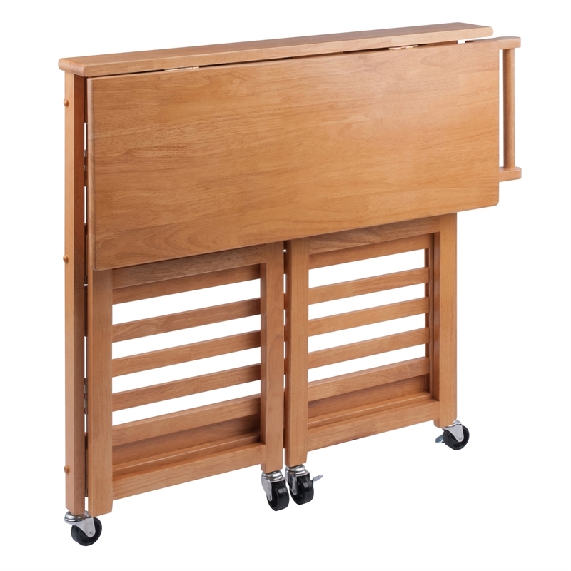 Pemberly Row Foldable Solid Wood Kitchen Cart with Casters in Light Oak