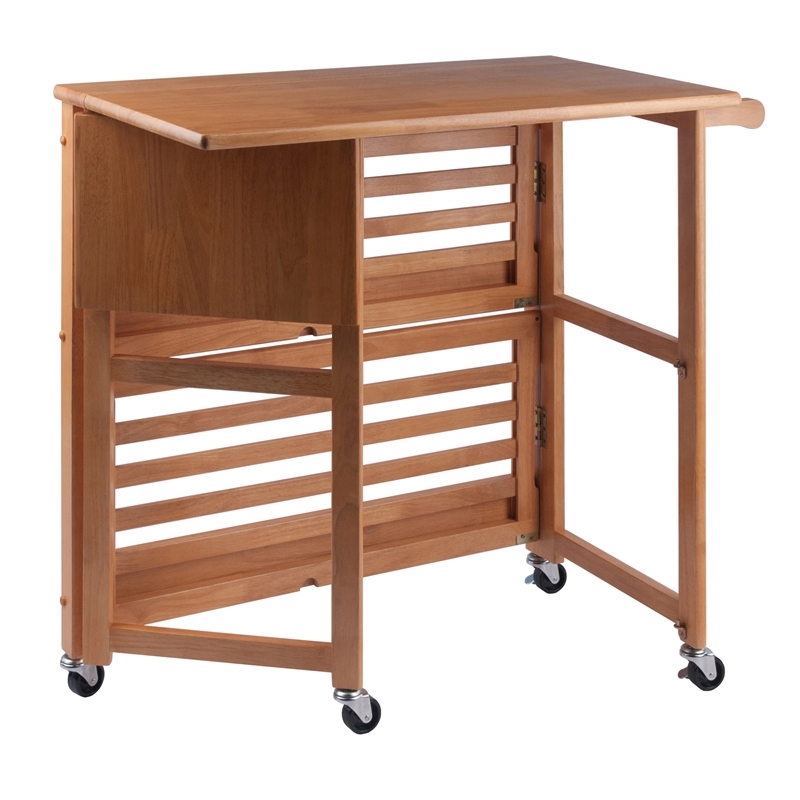 Pemberly Row Foldable Solid Wood Kitchen Cart with Casters in Light Oak
